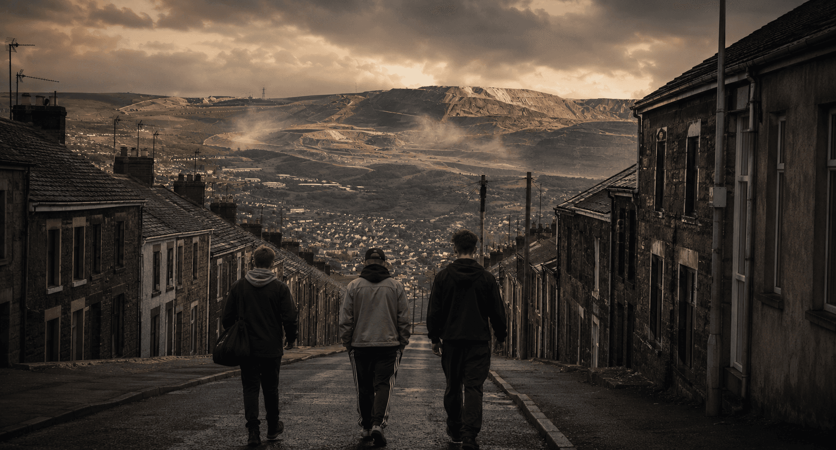 Three figures walk down a terraced Merthyr street toward the valley and the mountain