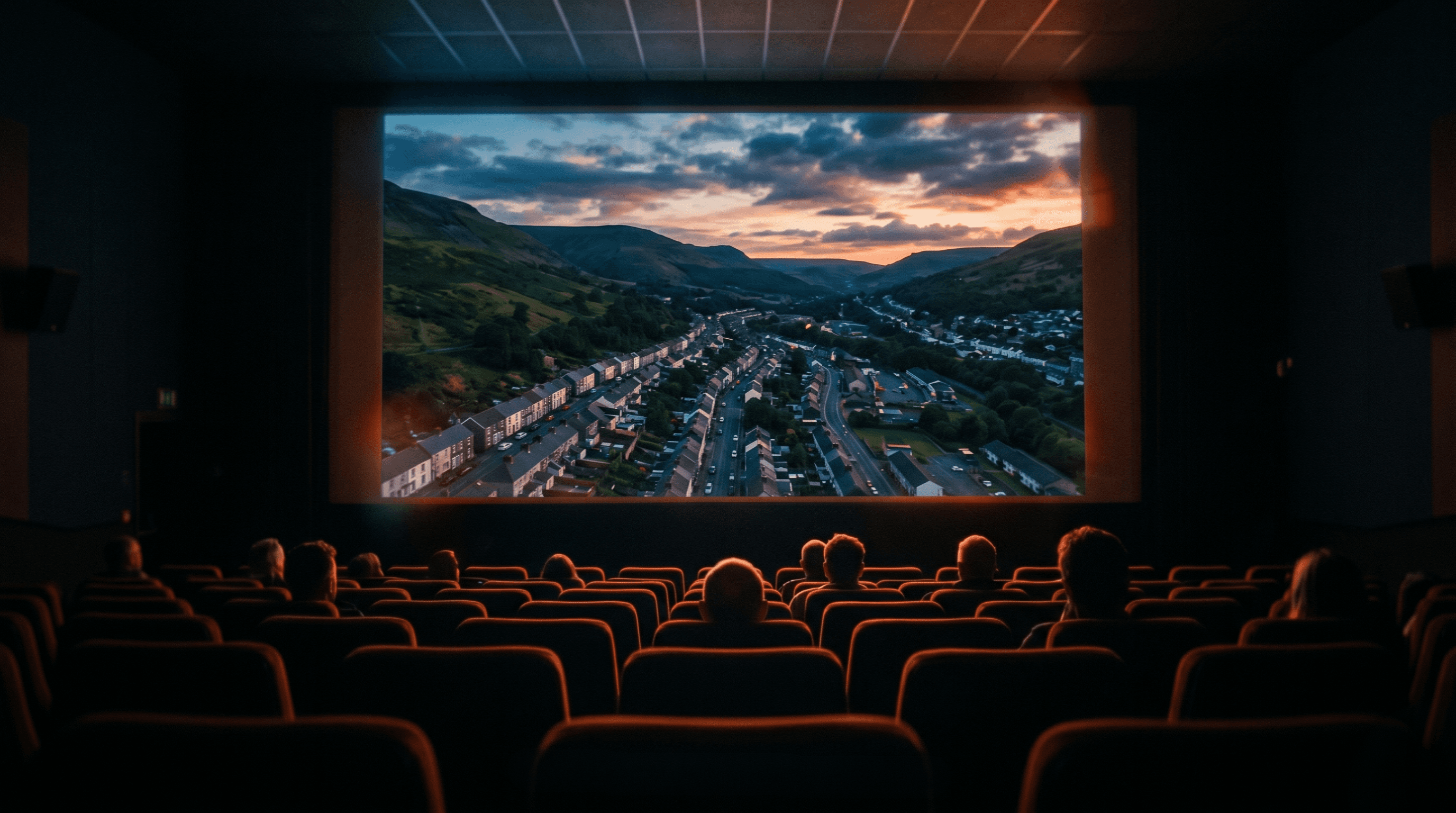 An audience in a cinema watching a sweeping shot of the Welsh valleys on the big screen